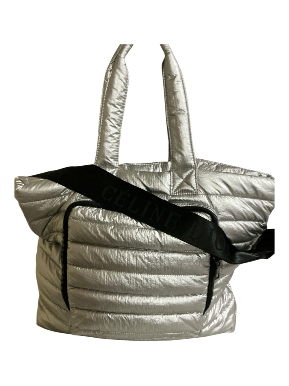 Celine Dion - NEW -  Metallic Silver Quilted Tote with Black Logo Strap